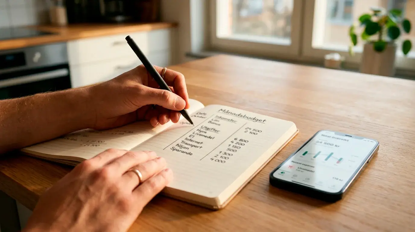 En person skriver en månadsbudget för betting i en anteckningsbok bredvid en smartphone