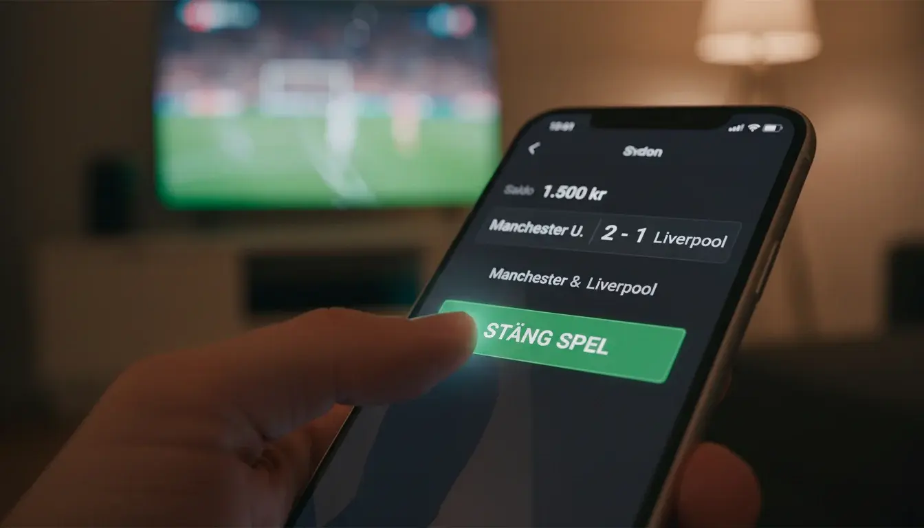En finger trycker på en cash out-knapp på en smartphone medan en match pågår i bakgrunden