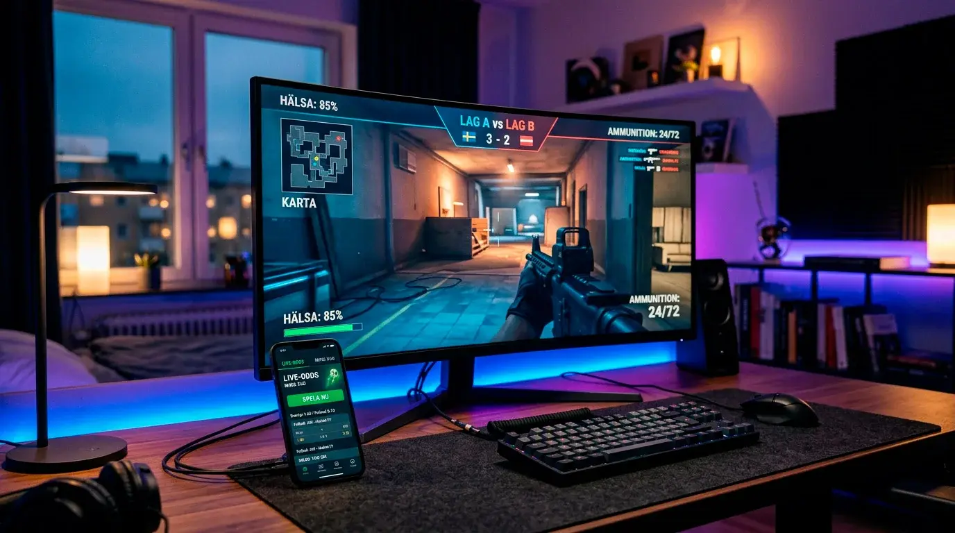 En gamingskärm med en pågående esports-match bredvid en smartphone med en betting-vy