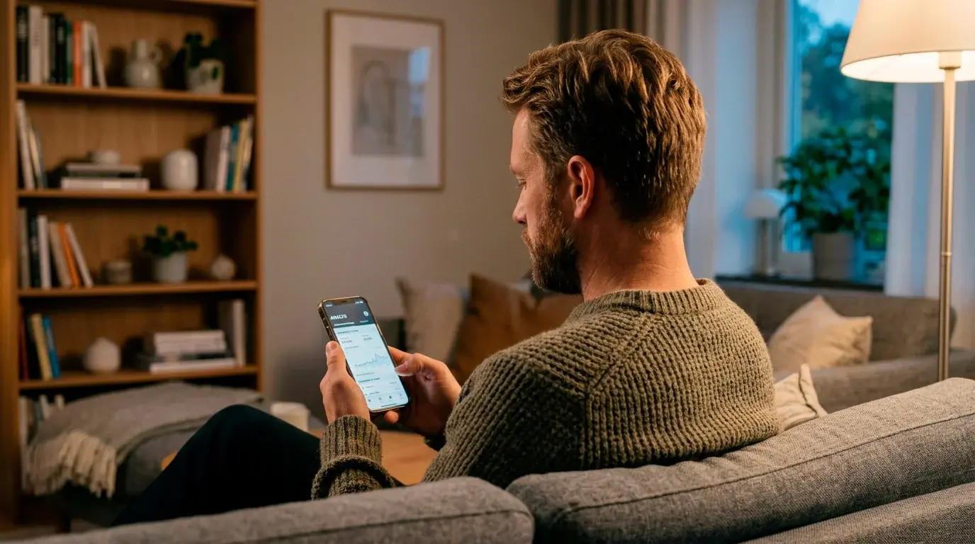 En bettingspelare studerar matchstatistik på sin mobil i en mysig hemmiljö