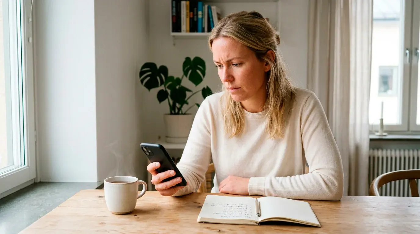 En spelare läser bonusvillkor på sin mobiltelefon med koncentrerad blick