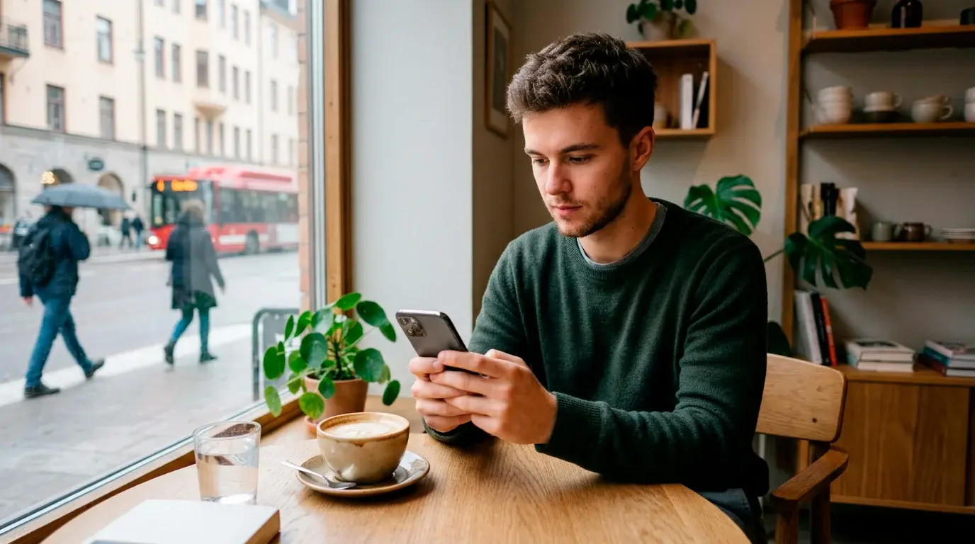 En spelare på café håller mobilen och loggar in med BankID på en svensk bettingsajt