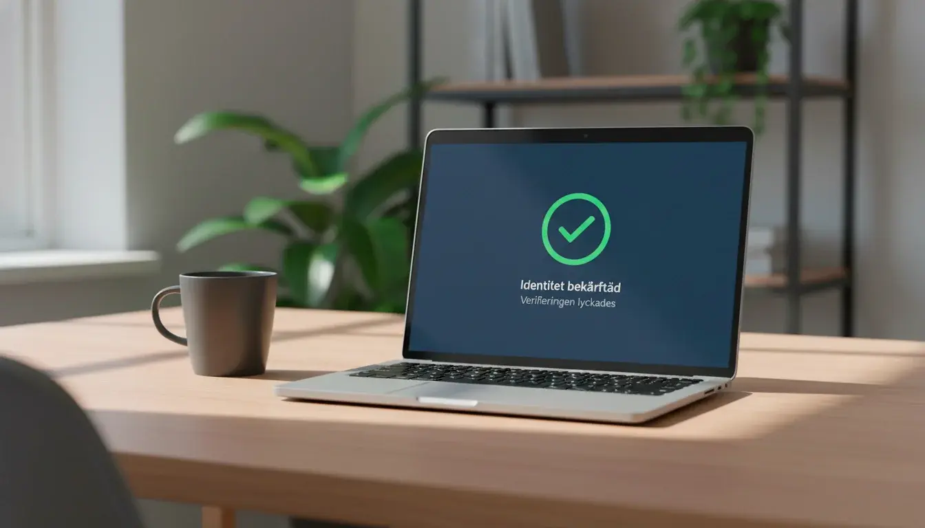 En laptop på ett skrivbord visar en identitetskontroll utan dokument på en bettingsida