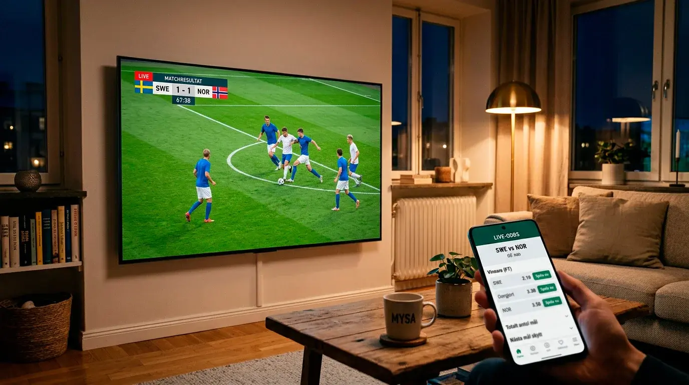 TV med en pågående fotbollsmatch i bakgrunden och en smartphone med live-odds i förgrunden