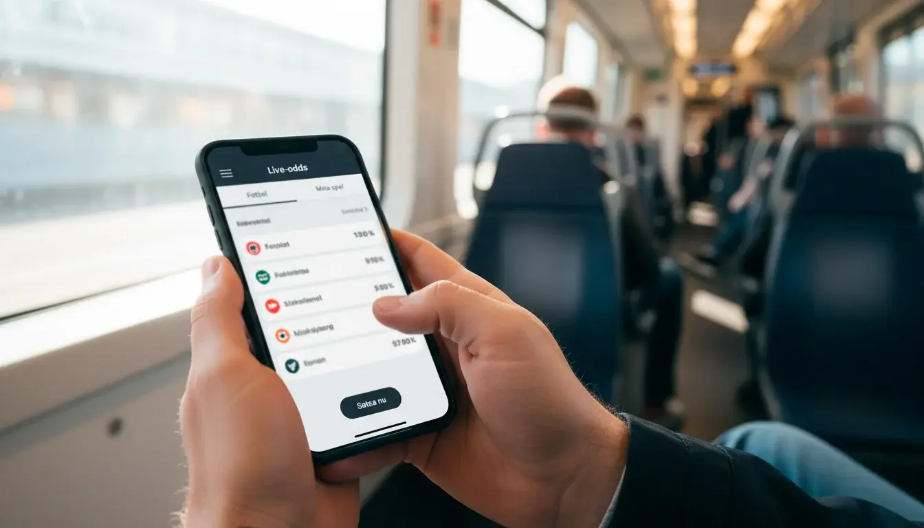 En smartphone som hålls i en hand visar en mobil sportsbook-vy på pendeltåget