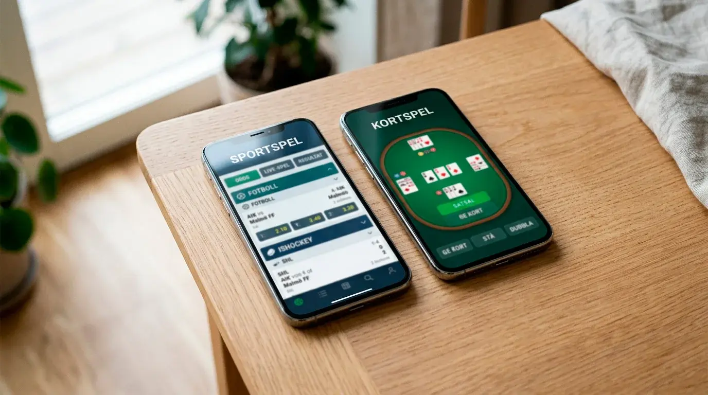 Två smartphone-skärmar sida vid sida som visar en sport- och en casino-vy