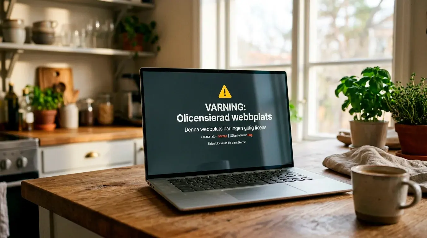 En laptopskärm visar en varningstext om att en sajt saknar svensk spellicens