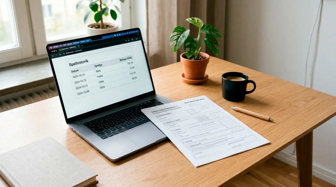 Skrivbord med skattedeklaration på papper bredvid en laptop som visar en spelhistorik