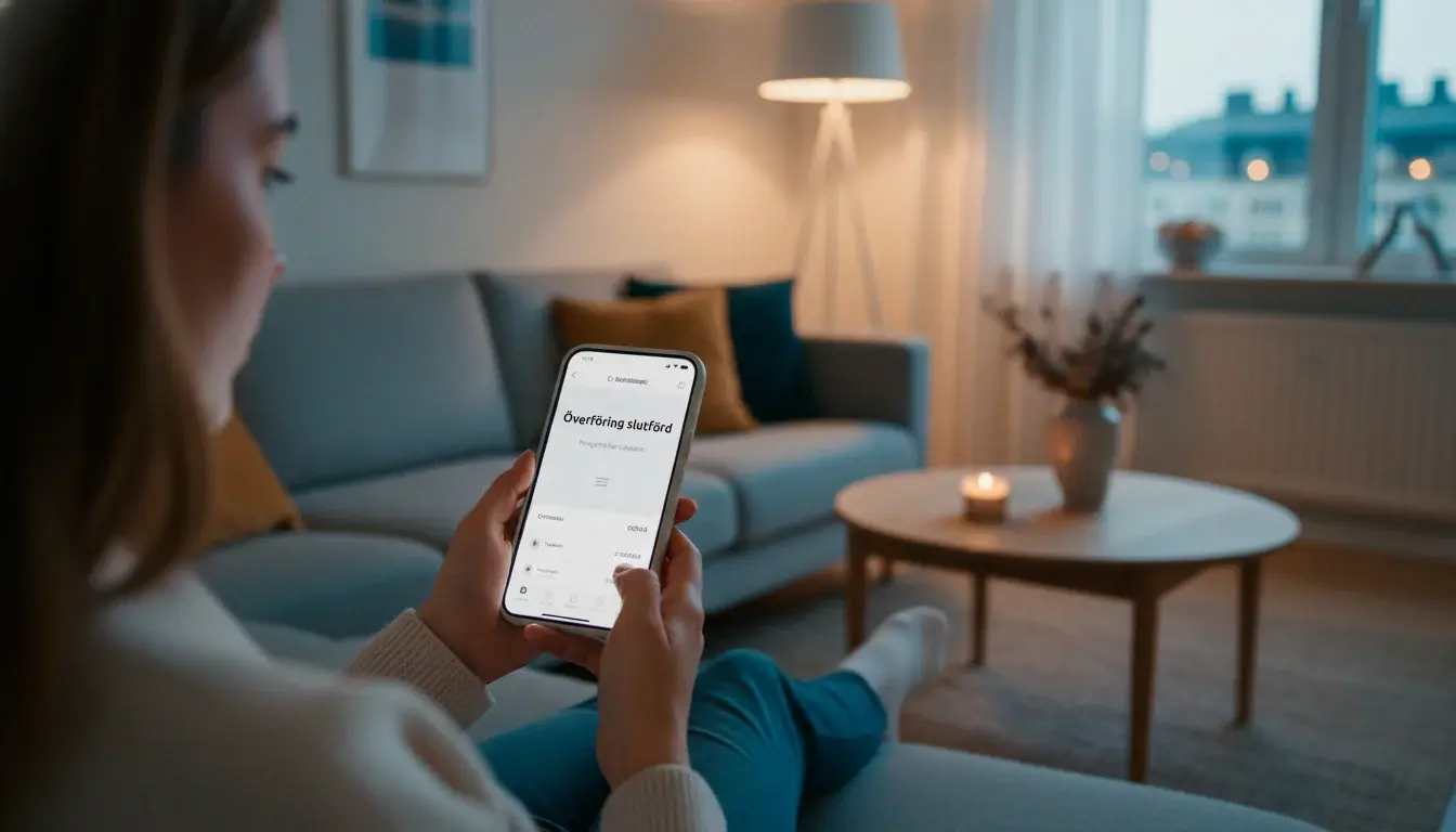 En person håller en smartphone som visar en pengaöverföring till bankkontot i en hemmiljö