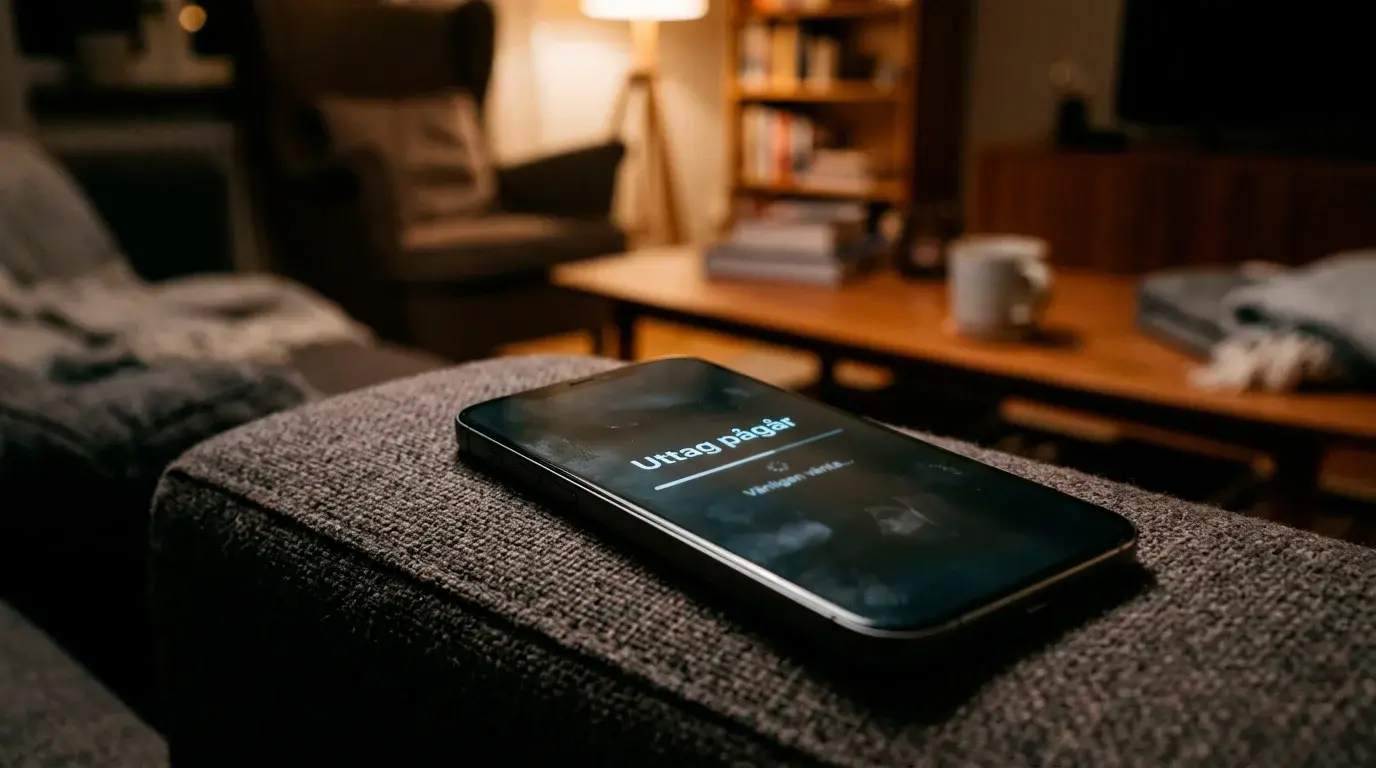 En smartphone visar ett uttag som behandlas på en söndagskväll i en hemmiljö