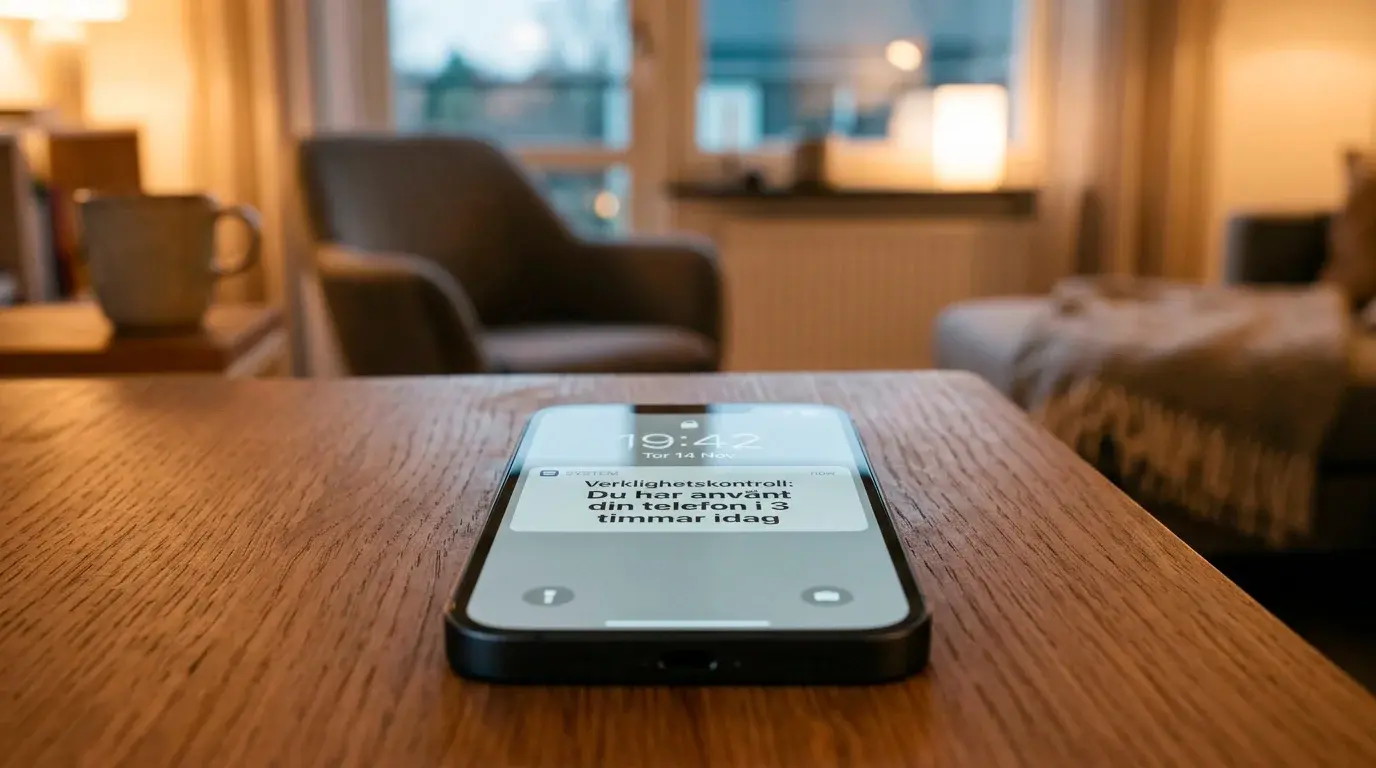 Smartphone som visar ett verklighetscheck-meddelande efter en längre spelsession