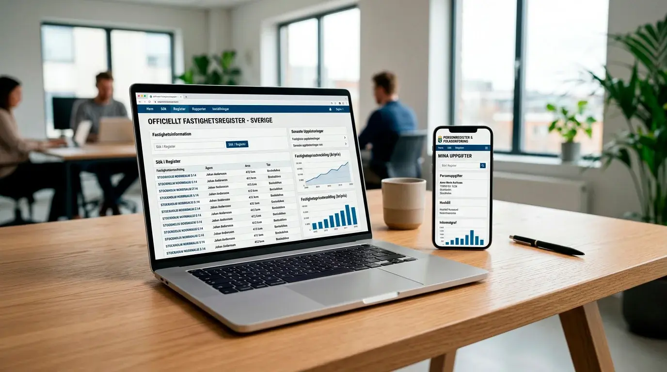 En smartphone bredvid en laptop som visar ett officiellt licensregister på skärmen