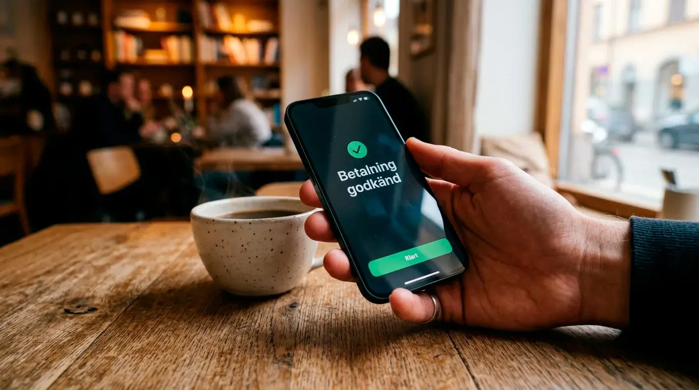 Smartphone som visar en mobil betalningsöverföring i en kafémiljö i Sverige