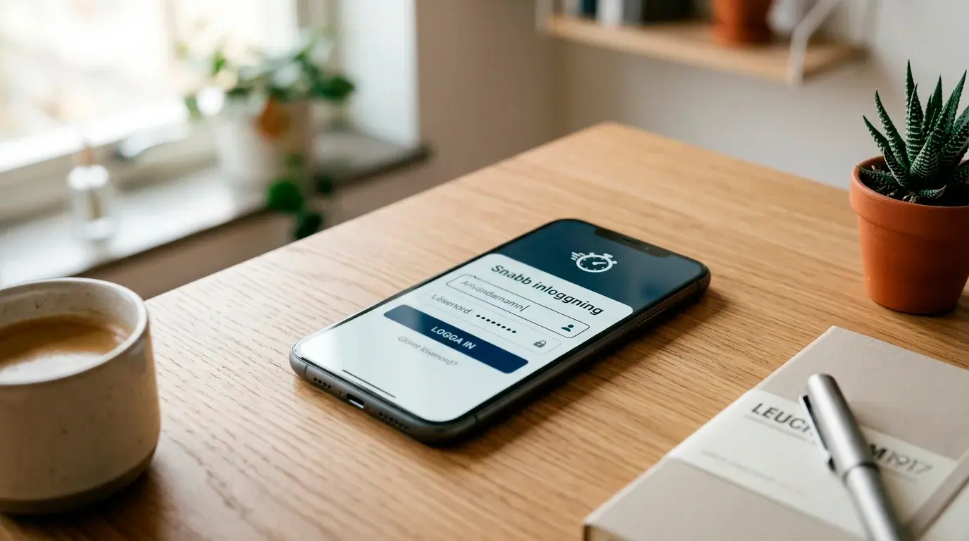 En smartphone visar en snabb inloggningsprocess med en stoppursikon i hörnet